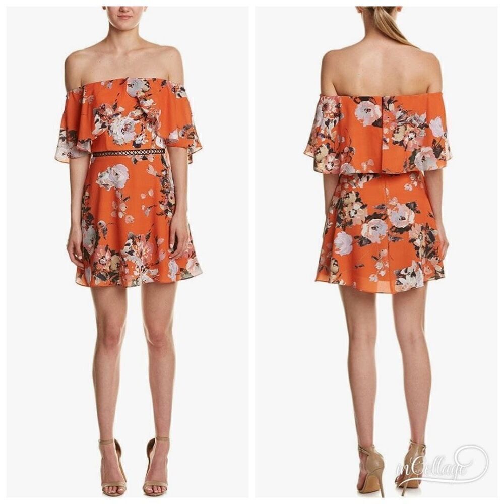 Allen Schwartz GUC Fall Floral Mini Dress Party Occasion Flounce Orange Sz6